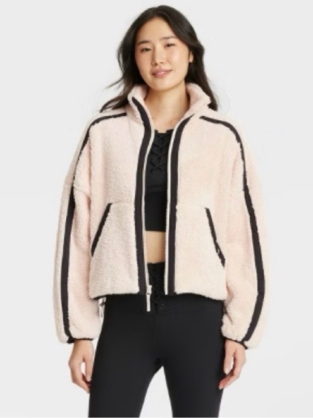 JoyLab Womenâs Cozy Pink Sherpa Zip-Up Jacket with Contrast Trim Moon Size XS